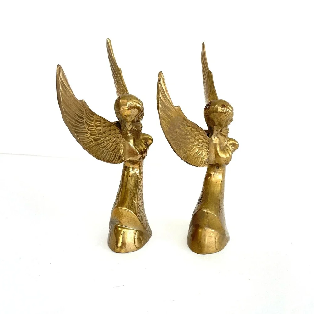 Vintage Brass Angel Candle Holders Pair Mid Century Statues Christmas Boho Decor